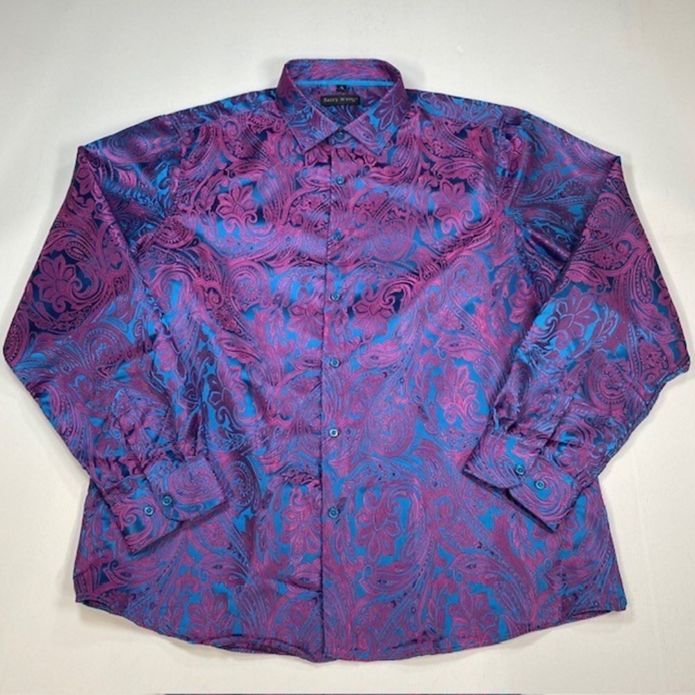 Barry Wang Mens Paisley Silk Blend Button Down Shirt Blue Purple XL Long Sleeve